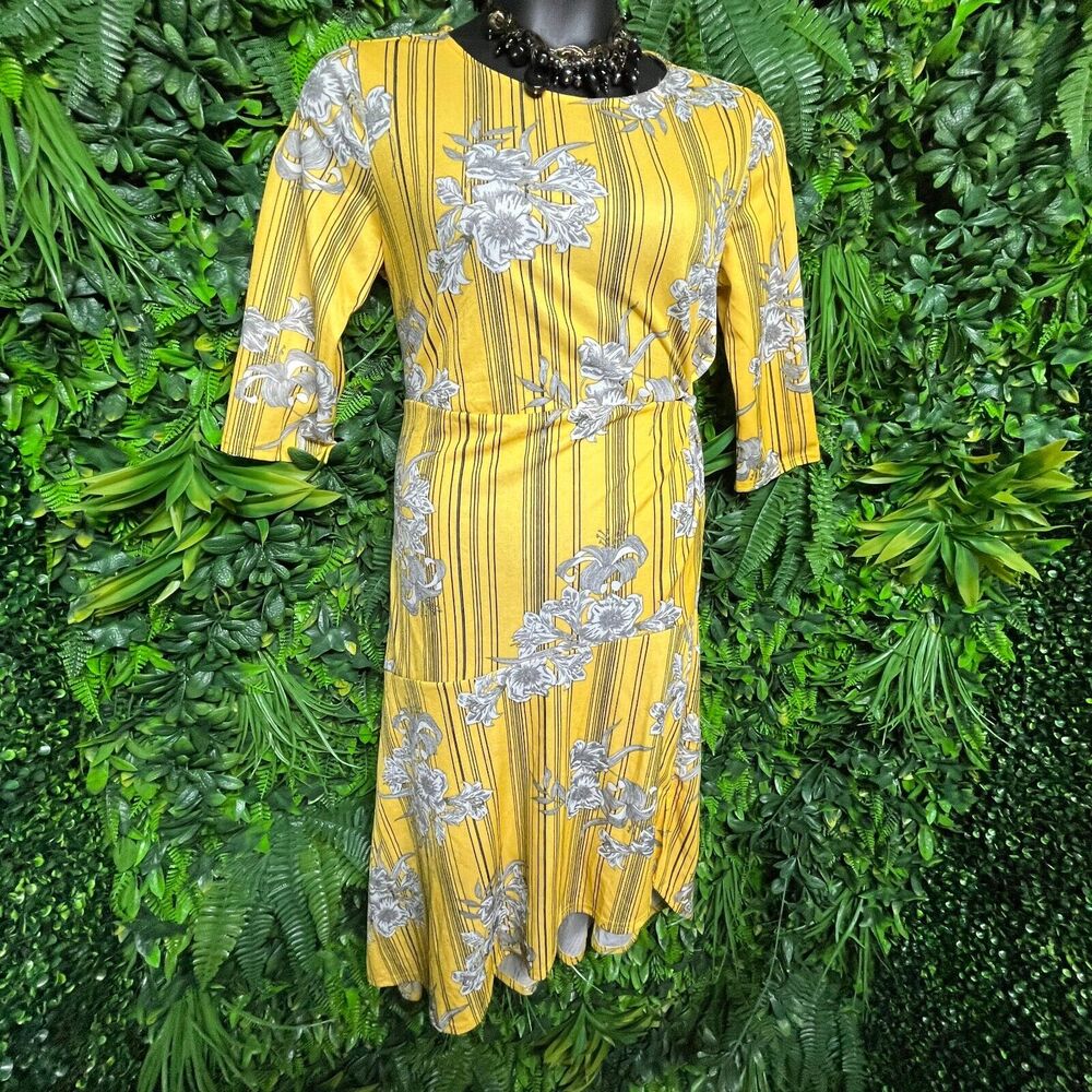 MLLE GABRIELLE Women Dress Large Yellow Floral Knot Front High Low Hem 1262